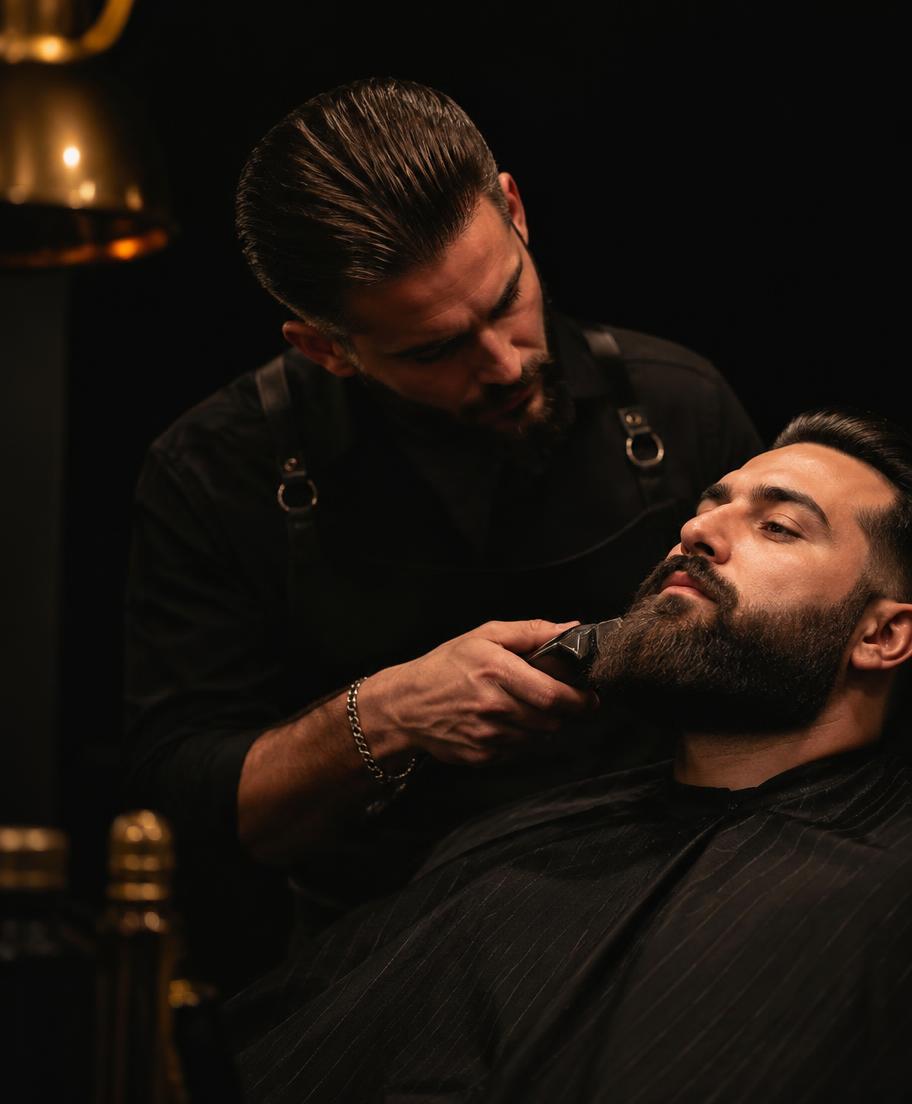 Barber shaping a full beard with clippers