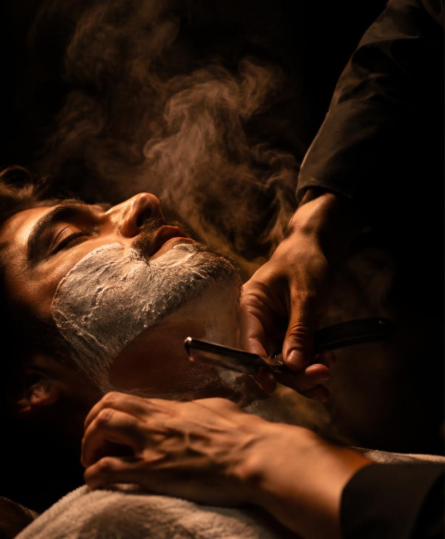 Hot towel straight razor shave in progress